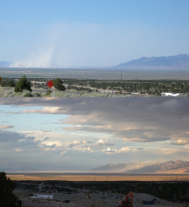 Dust can be a great indicator of airflow conditions. In the top image, dust from a playa in central Nevada is carried aloft with strong convective heating. Below (on a different day), the same dust is carried at ground level up and over the nearby mountain range as lateral airflow associated with frontal passage dominates.